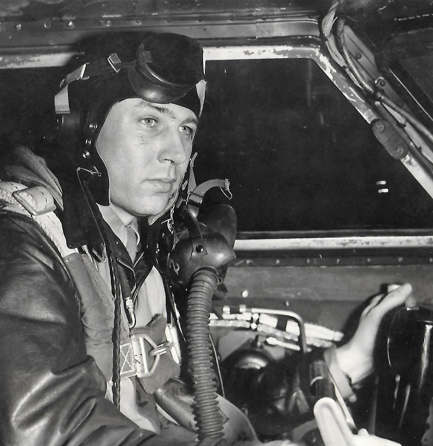 Bob Burns in the pilot's seat of a B-17G, Polebrook, England, c. 1943–1945