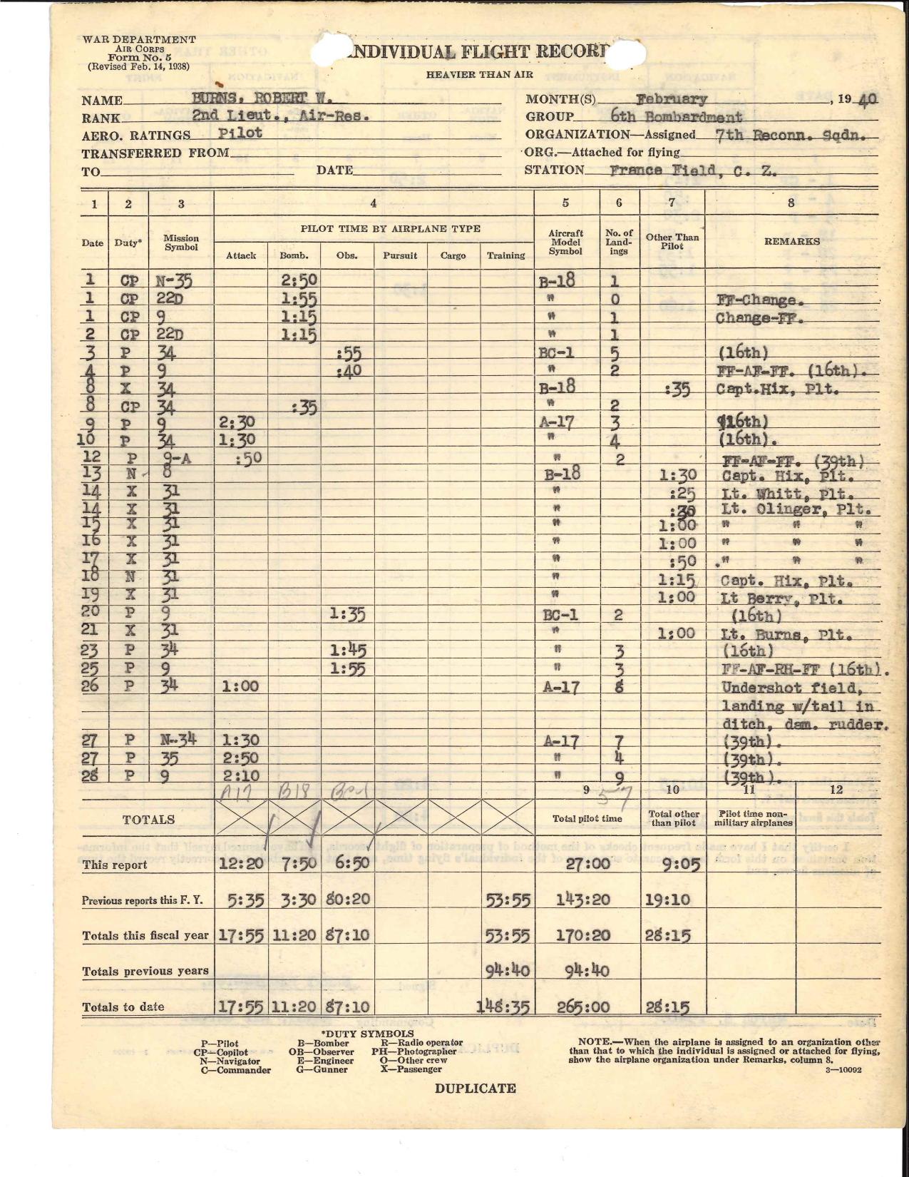 February 1940 Form 5 showing A-17 and B-18 flights at France Field
