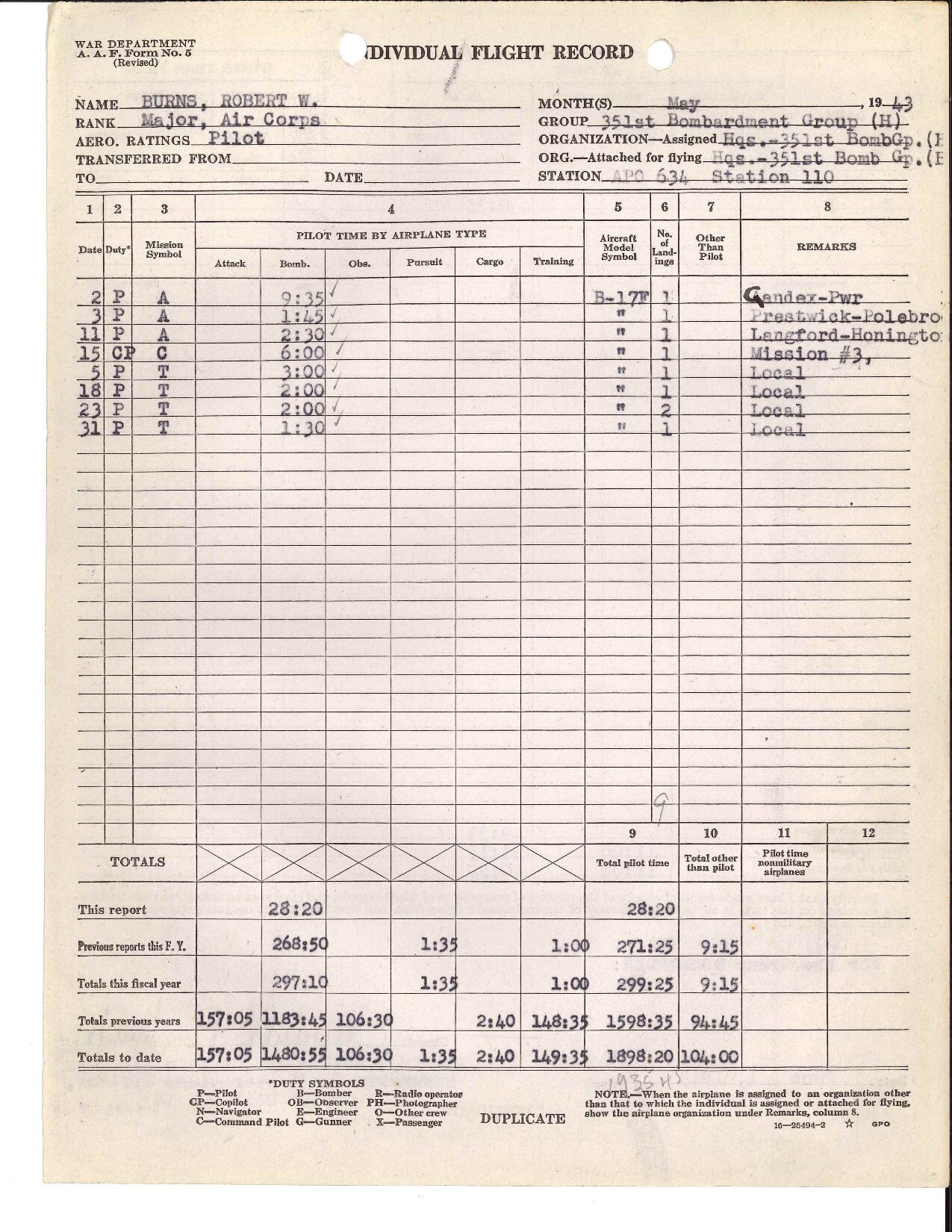 May 1943 Form 5 showing the May 15 entry noted Mission number 3