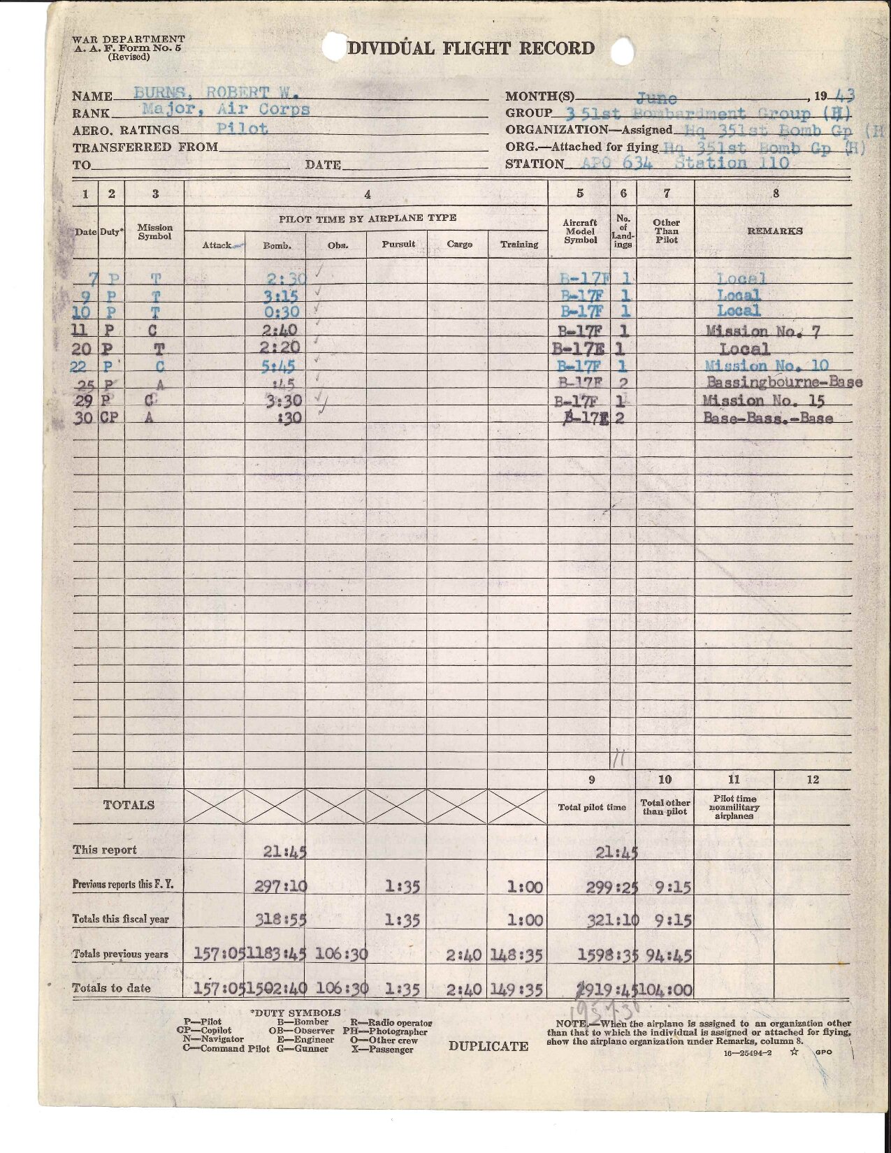 June 1943 Form 5 showing local flights at Polebrook