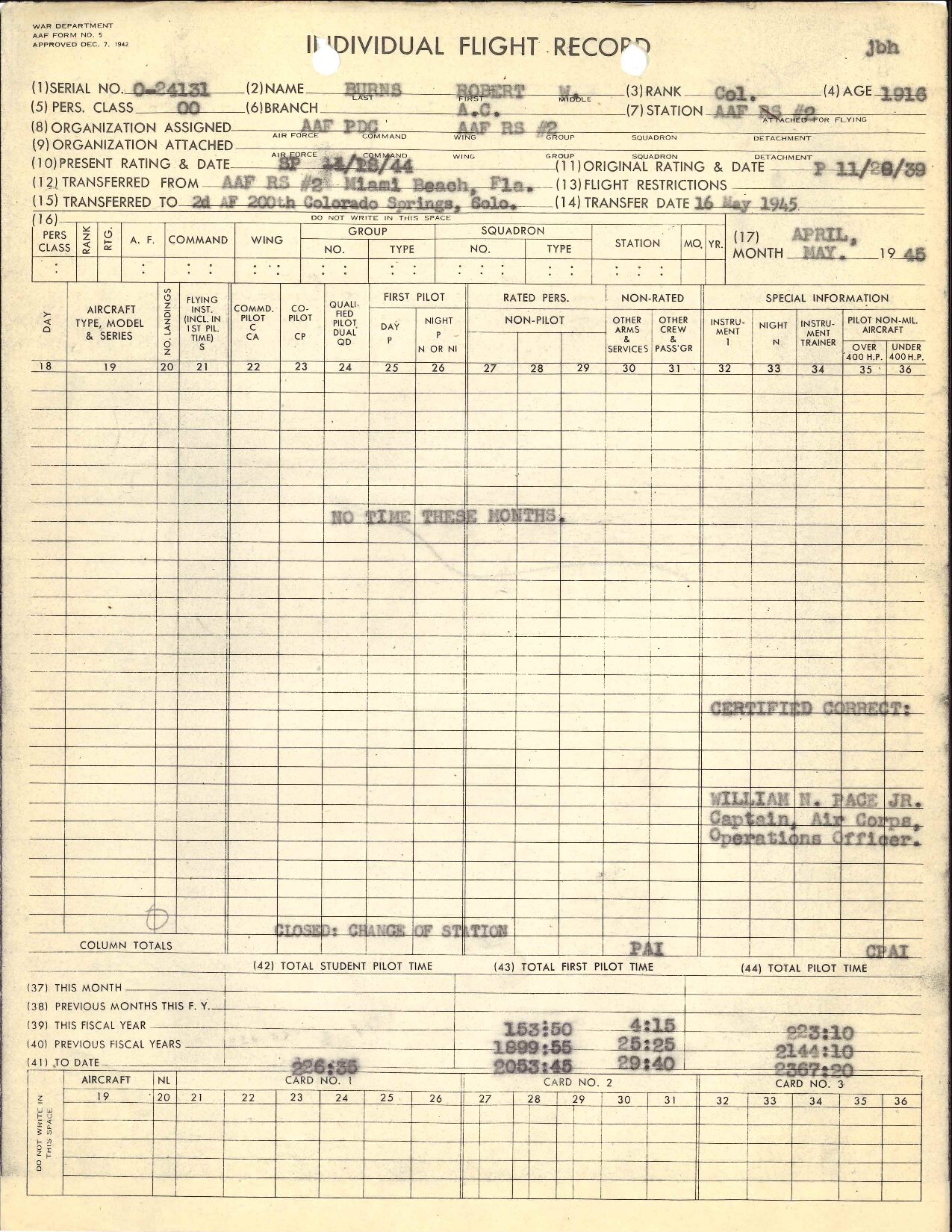 April to May 1945 combined Form 5 showing no flights logged